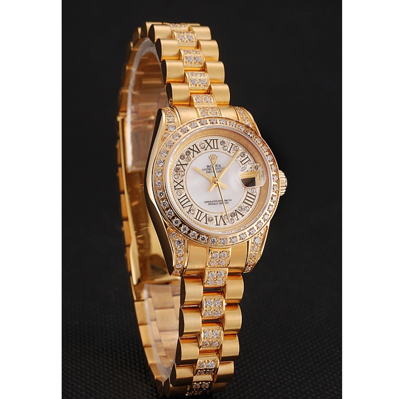 Rolex aaa copy Rolex 1453957 DayJust Swiss Bracelet Pave White Diamond Dial Gold Diamond 0721
